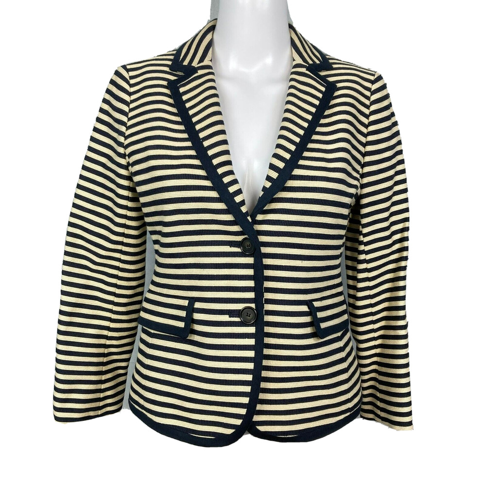 NWT Ann Taylor LOFT Jacket Blazer Womens Sz 0 Ivory Navy Blue‎ Striped Button Up
